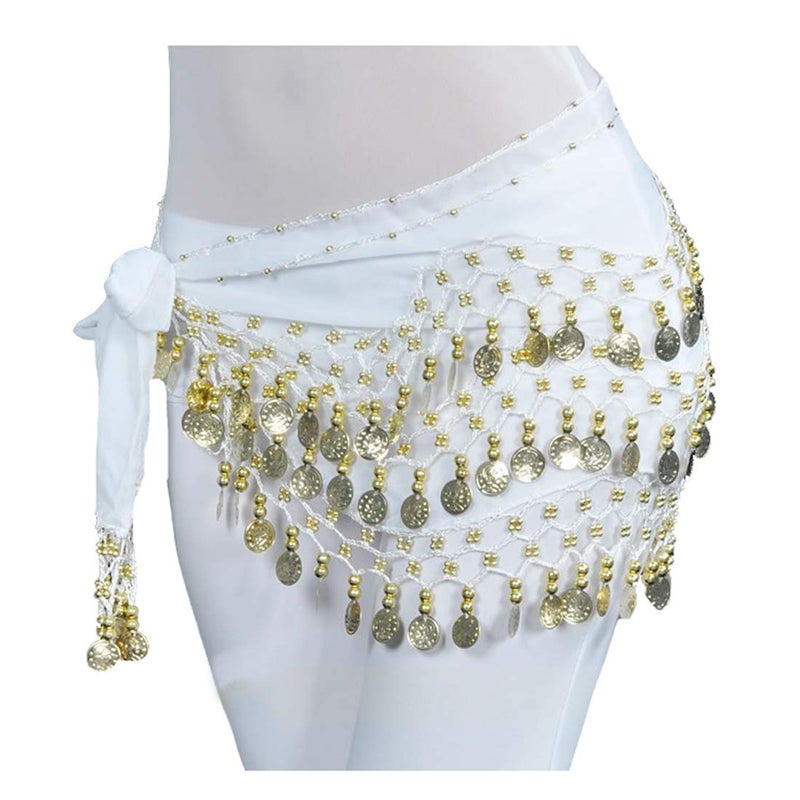 Lauthen.S 128 Coins Belly Dance Hip Scarf Tribal Belt Halloween Genie Costume Accessory White - Image 2